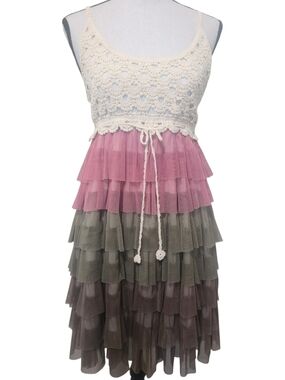 J. Gee Crochet Tiered Ruffle Dress Boho Fairy Cottagecore Med Pink Green Boho